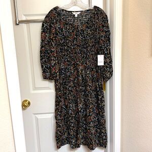NWT Croft & Barrow Modest Black Floral Smocked Midi Dress Large Petite